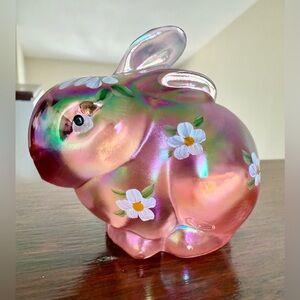 Fenton Iridescent Pink Glass Bunny Figurine Hand-Painted Flowers “Baby Bunch”